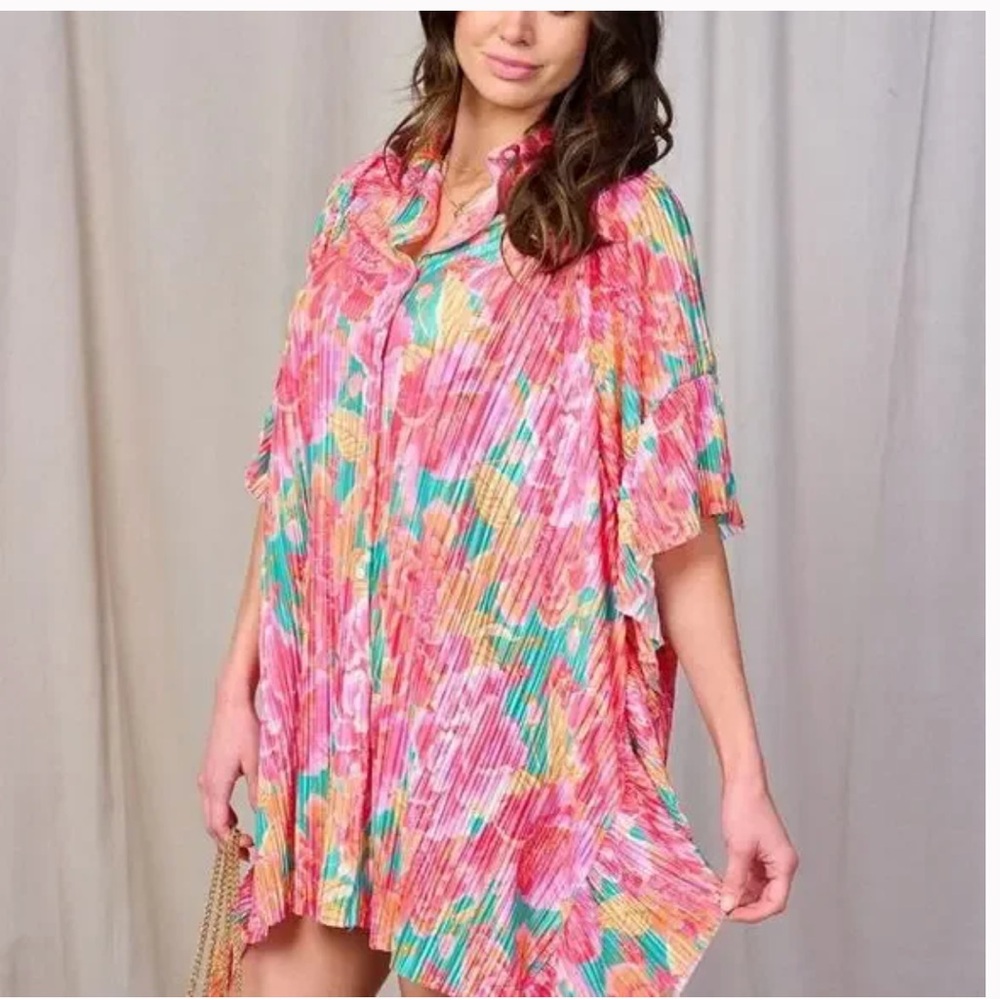 Fantastic Fawn Floral Pleated Cover Up Shirt Dress Pink Multicolor Medium Resort